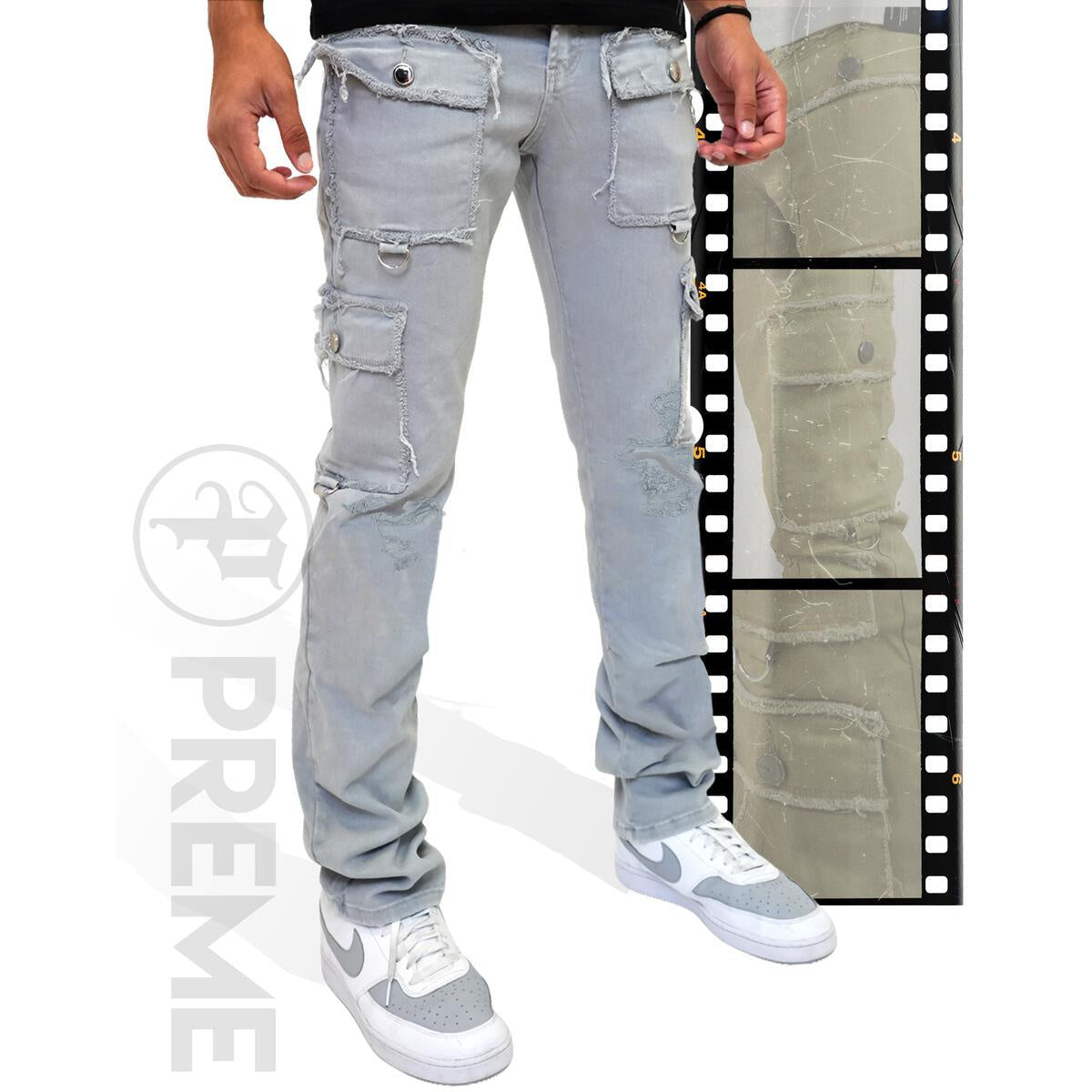 Light Grey Ripped Cargo Denim Jeans - Slim Fit, Stretch – Fresh Society