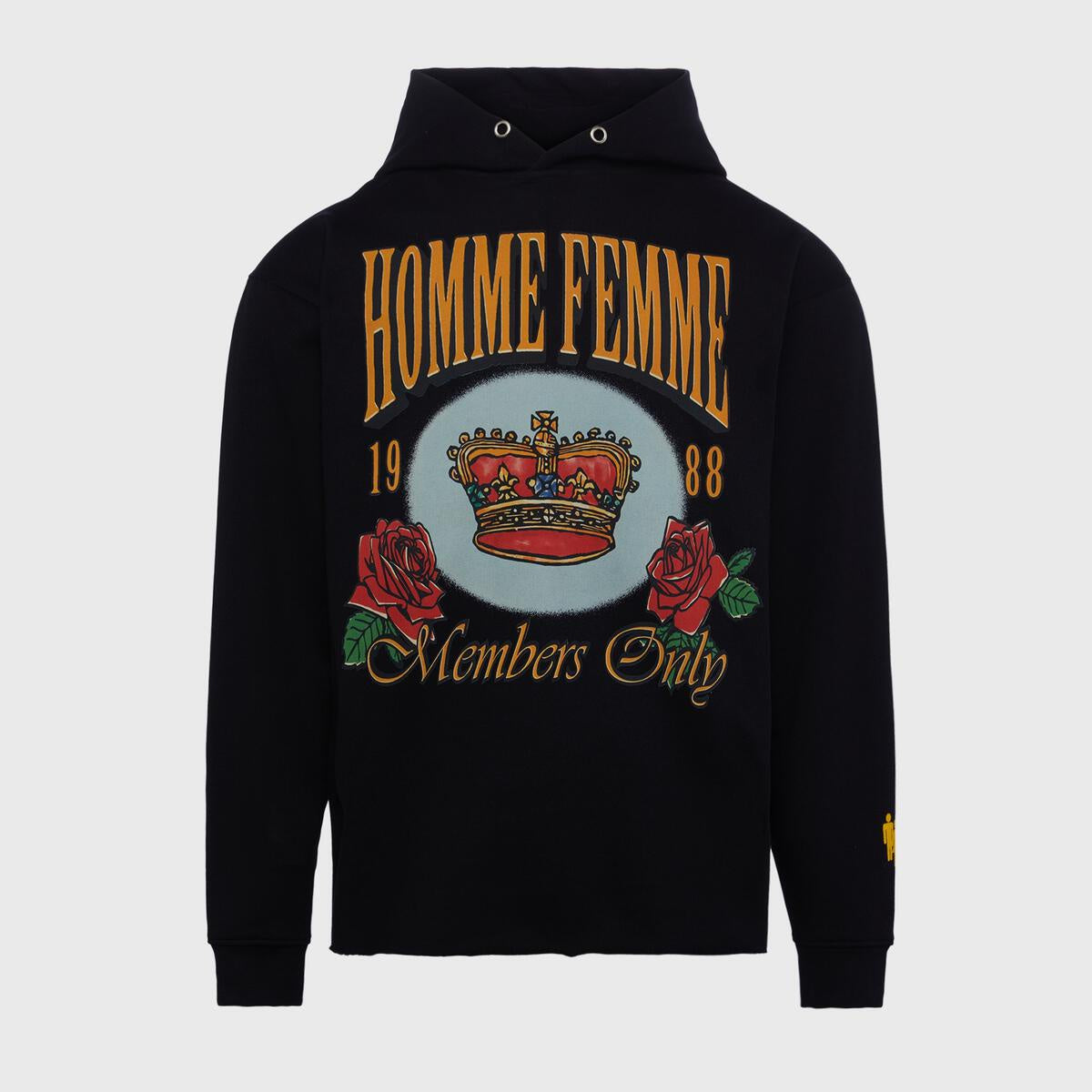 Front view of Homme + Femme Members Only Hoodie in sleek black with logo on chest