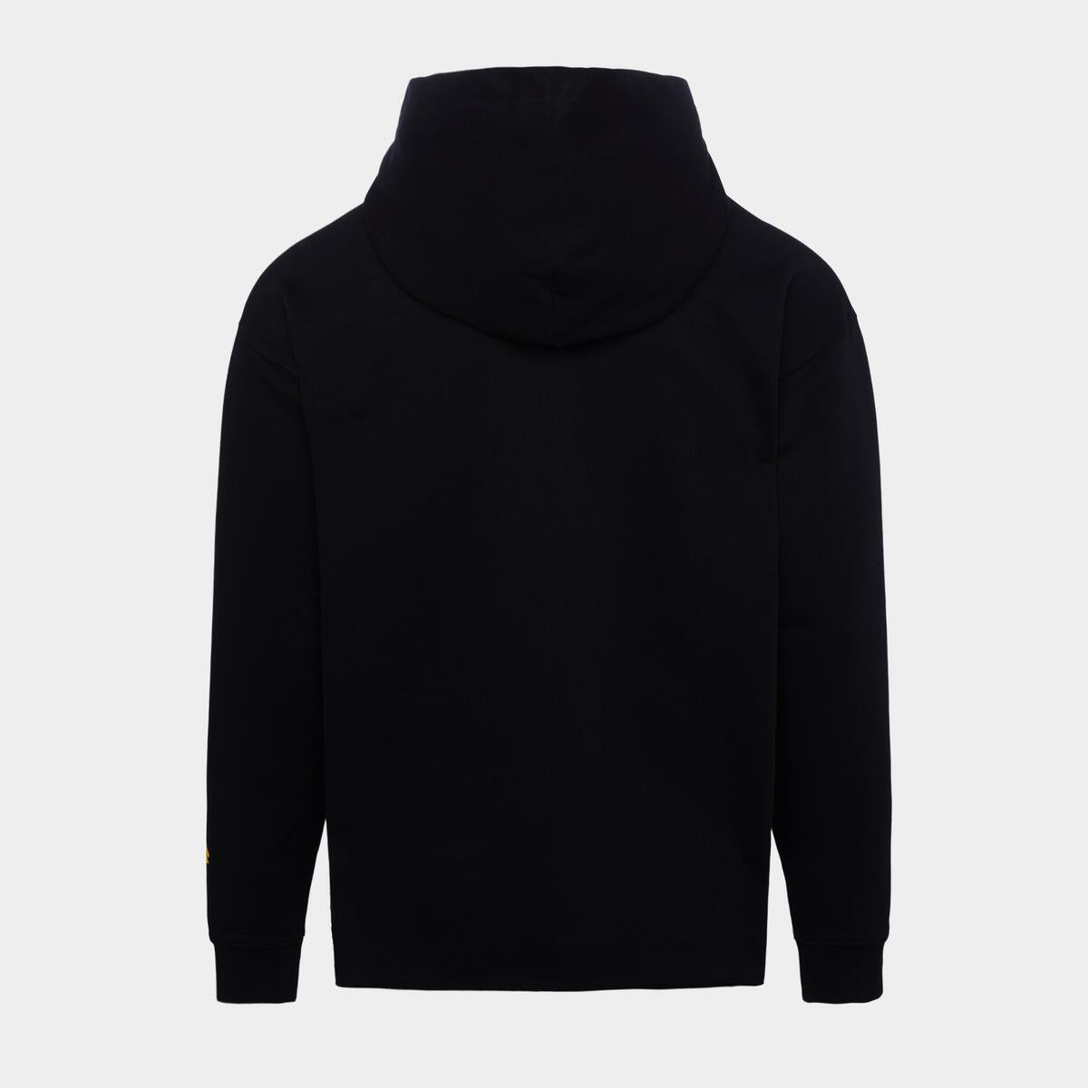  Close-up of the Members Only logo on the black Homme + Femme hoodie