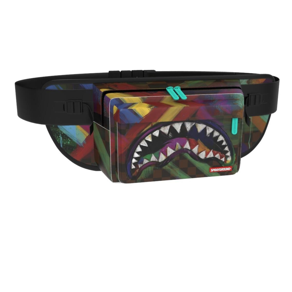 A stylish and functional Sprayground Sharks In Paint Cargo Crossbody bag (B5582) featuring a unique shark design in vibrant colors