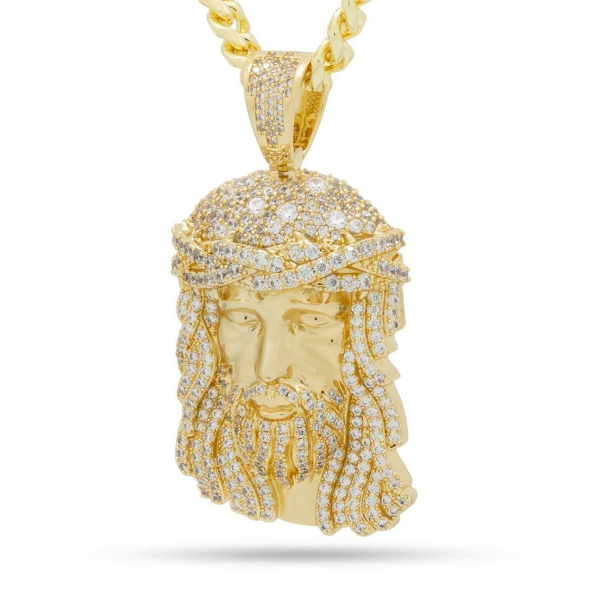 Gold necklace featuring a detailed Christ Head pendant from King Ice