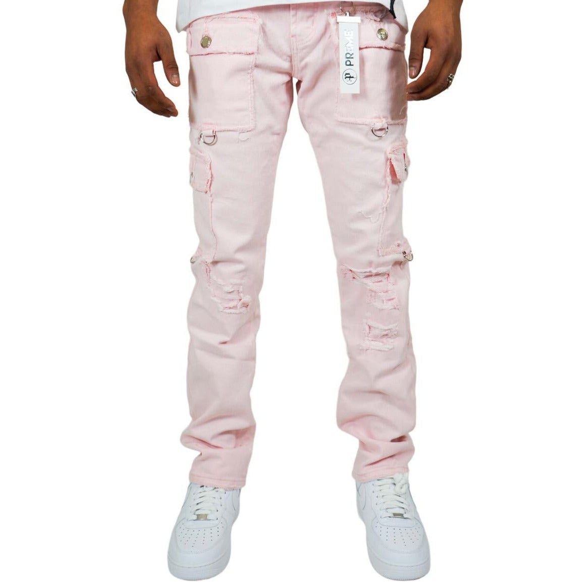 PREME Powder Pink Ripped Cargo Denim Jeans (PR-WB-1285)