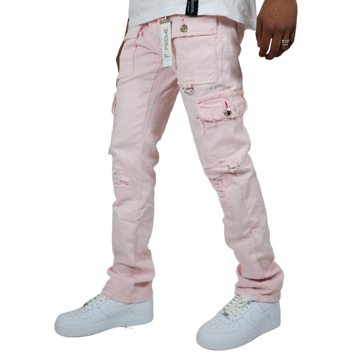 PREME Powder Pink Ripped Cargo Denim Jeans (PR-WB-1285)
