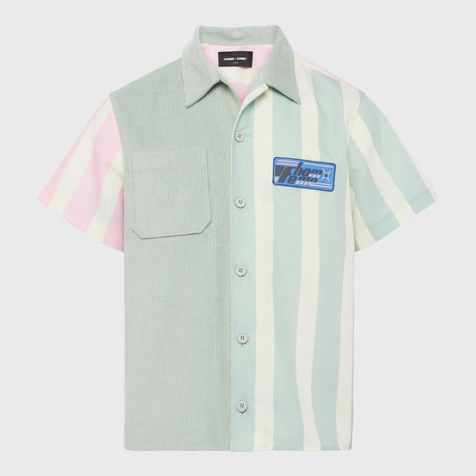 Homme + Femme Paneled Corduroy Striped Button Shirt - Green/Pink