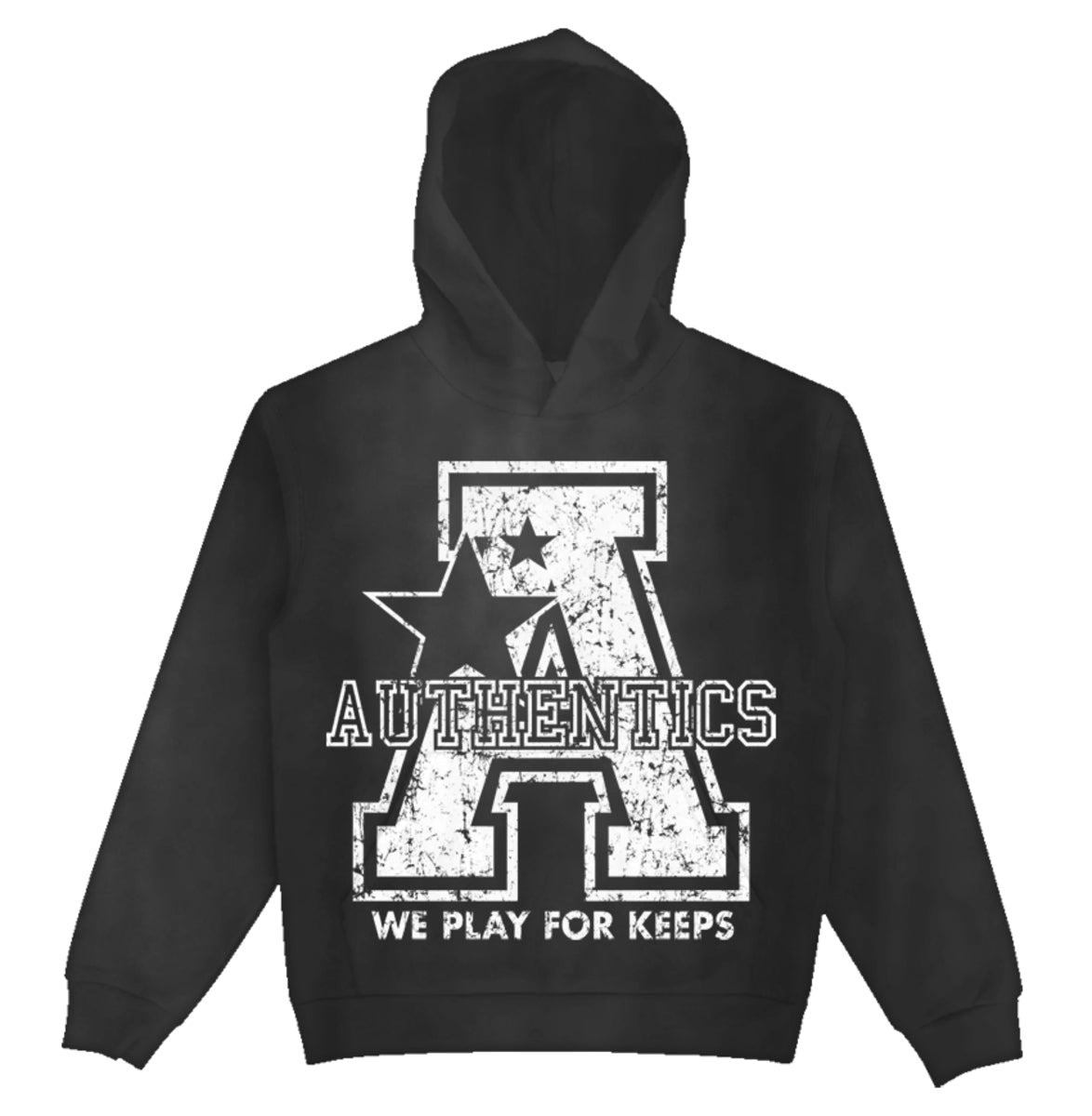 Authentics Big A Hoodie in Vintage Black, front view with drawstring and kangaroo pocket