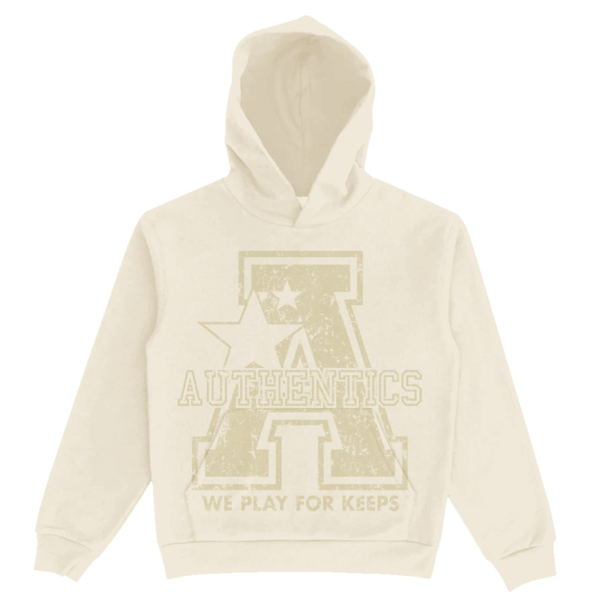 Authentics Big A Hoodie in creamy off-white color, featuring a large, bold A logo on the front and a cozy, oversized fit perfect for casual wear and lounging at home