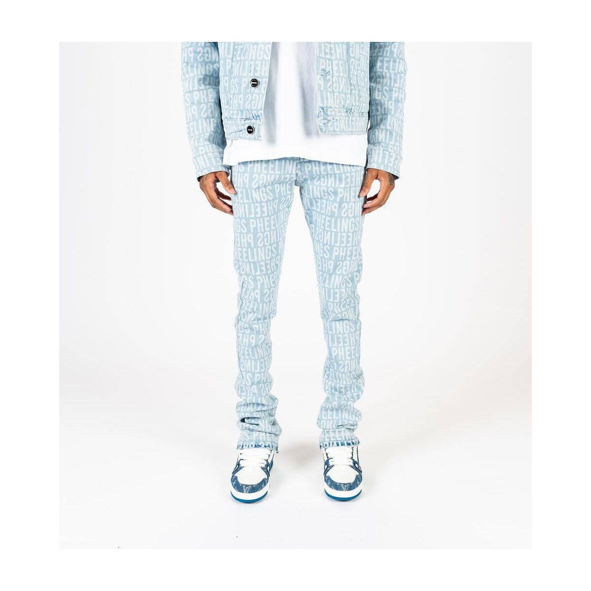 PHEELINGS On My Mind Light Blue Flare Stack Denim jeans with distressed detailing and a flared silhouette 
