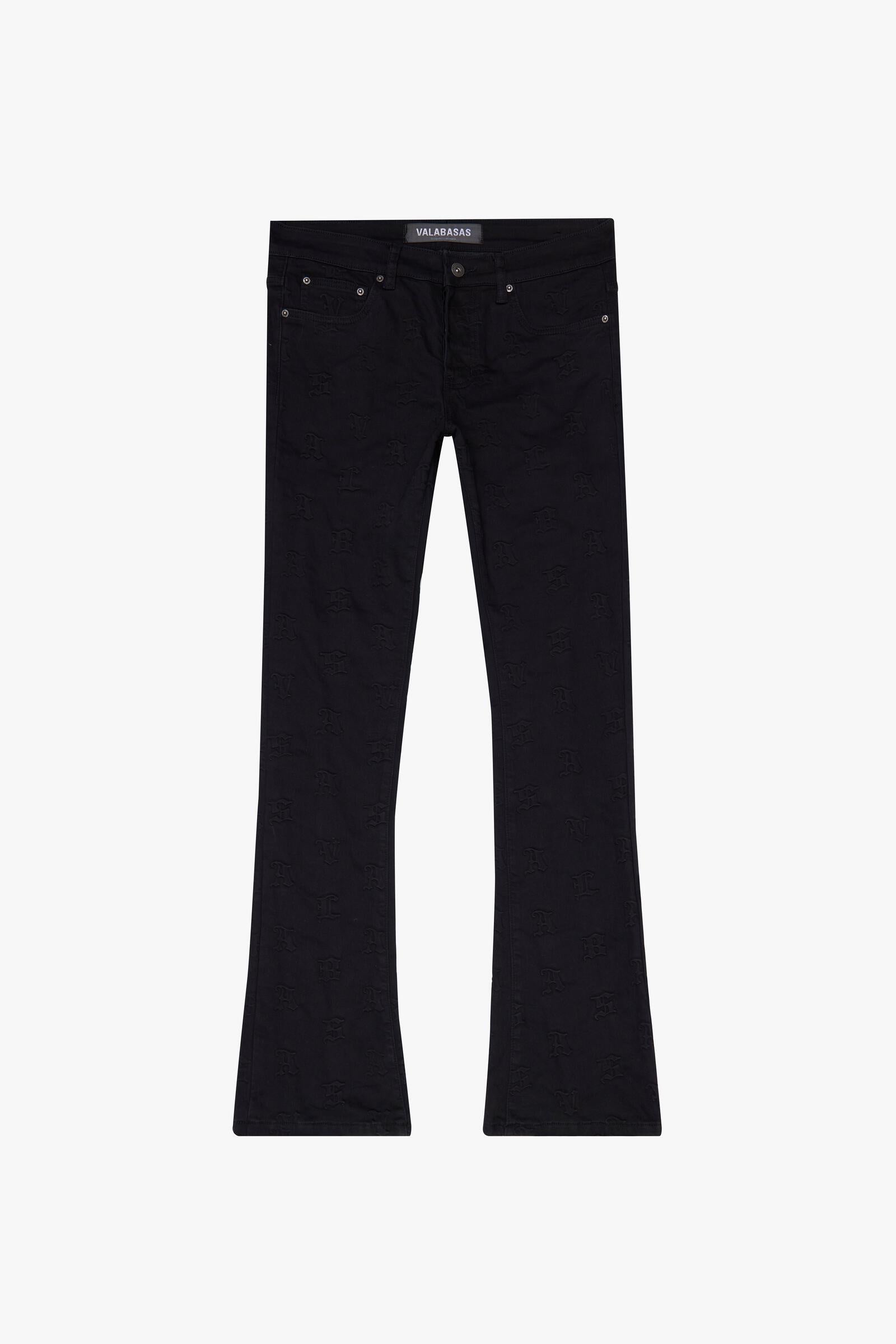 Valabasas Frith Black Stacked Flare Jeans featuring front and back pockets, buttons, and belt loops with a comfortable and stylish fit