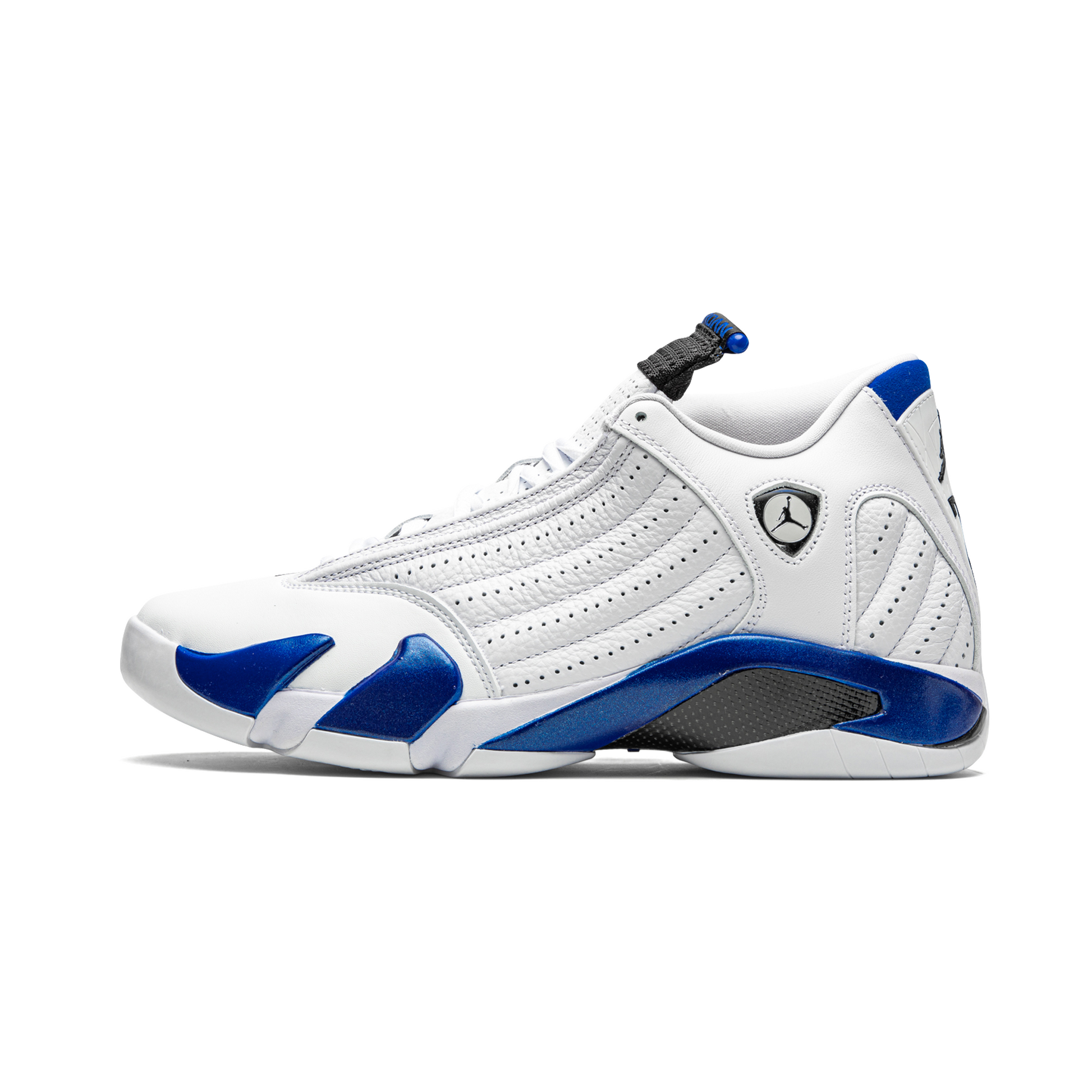 Close-up image of Jordan 14 Retro- White Hyper Royal sneakers, showcasing the sleek white and blue design with iconic Jordan logo on the side