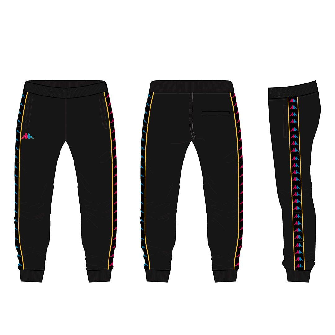 Kids Kappa 222 Banda Gibbon Joggers in black, fuchsia, blue, and yellow, perfect for active play and sports activities