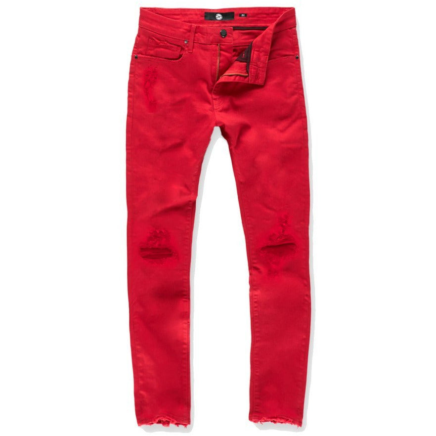 Stylish and trendy Jordan Craig red jeans with distressed tears (style JM3314A)