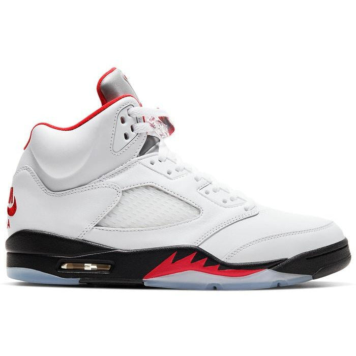 High-quality image of the Jordan 5 Retro - Fire Red Silver Tongue (2020) basketball shoe, featuring a stylish design and vibrant red and silver color scheme