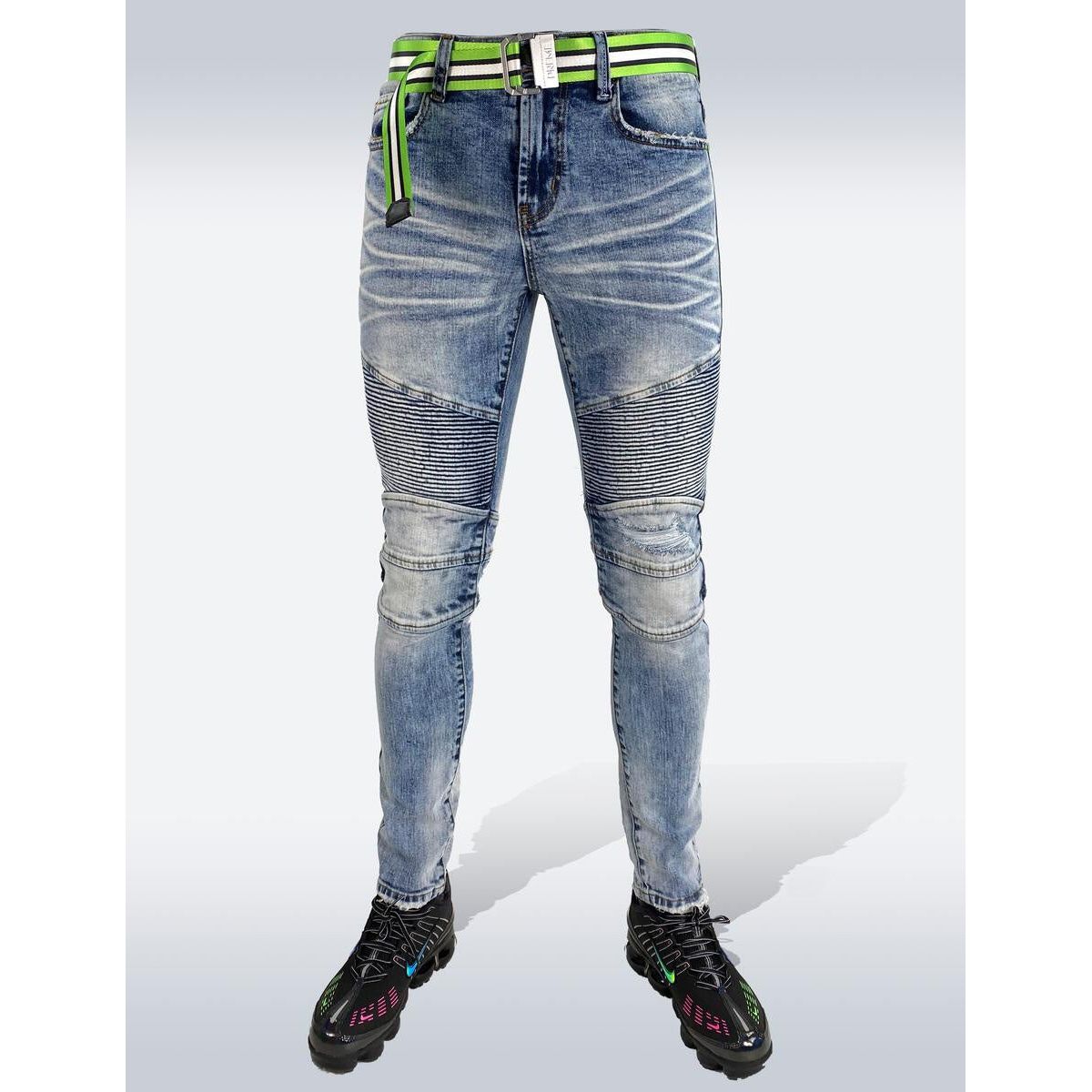 Preme Indigo Moto Belted Denim Jeans (PR-WB-683)