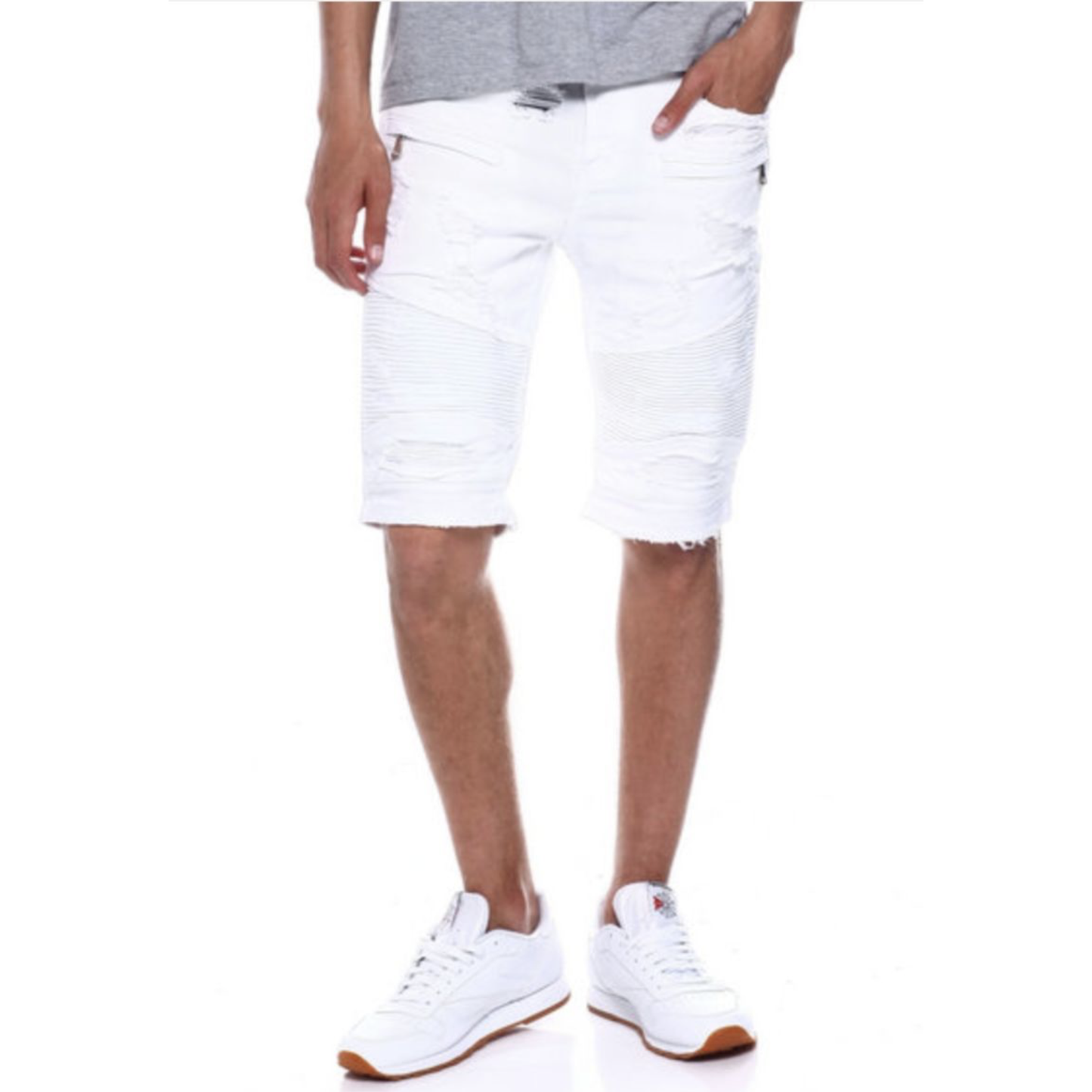 White biker denim shorts from PREME Moscow with distressed detailing