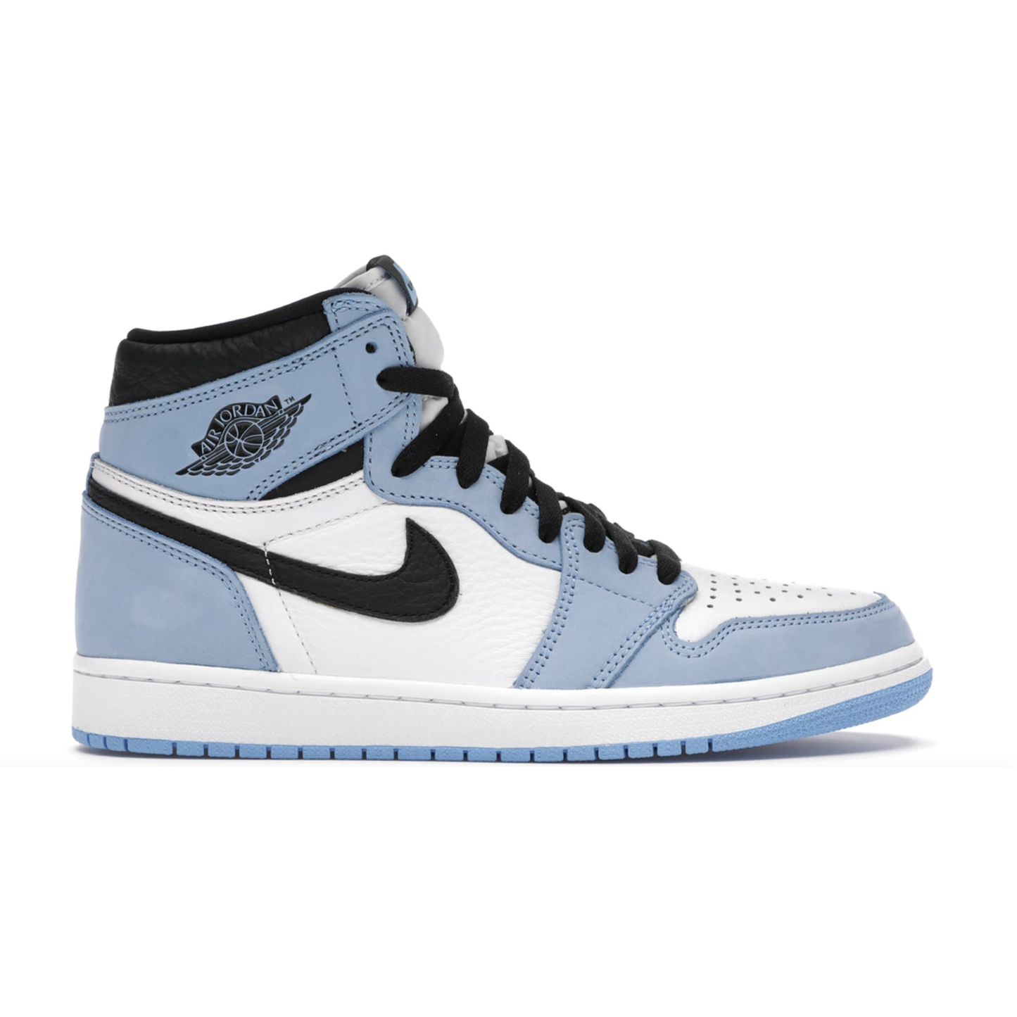 Jordan 1 Retro High- White University Blue Black sneaker, iconic design with premium materials and classic colorway for basketball and streetwear fashion enthusiasts