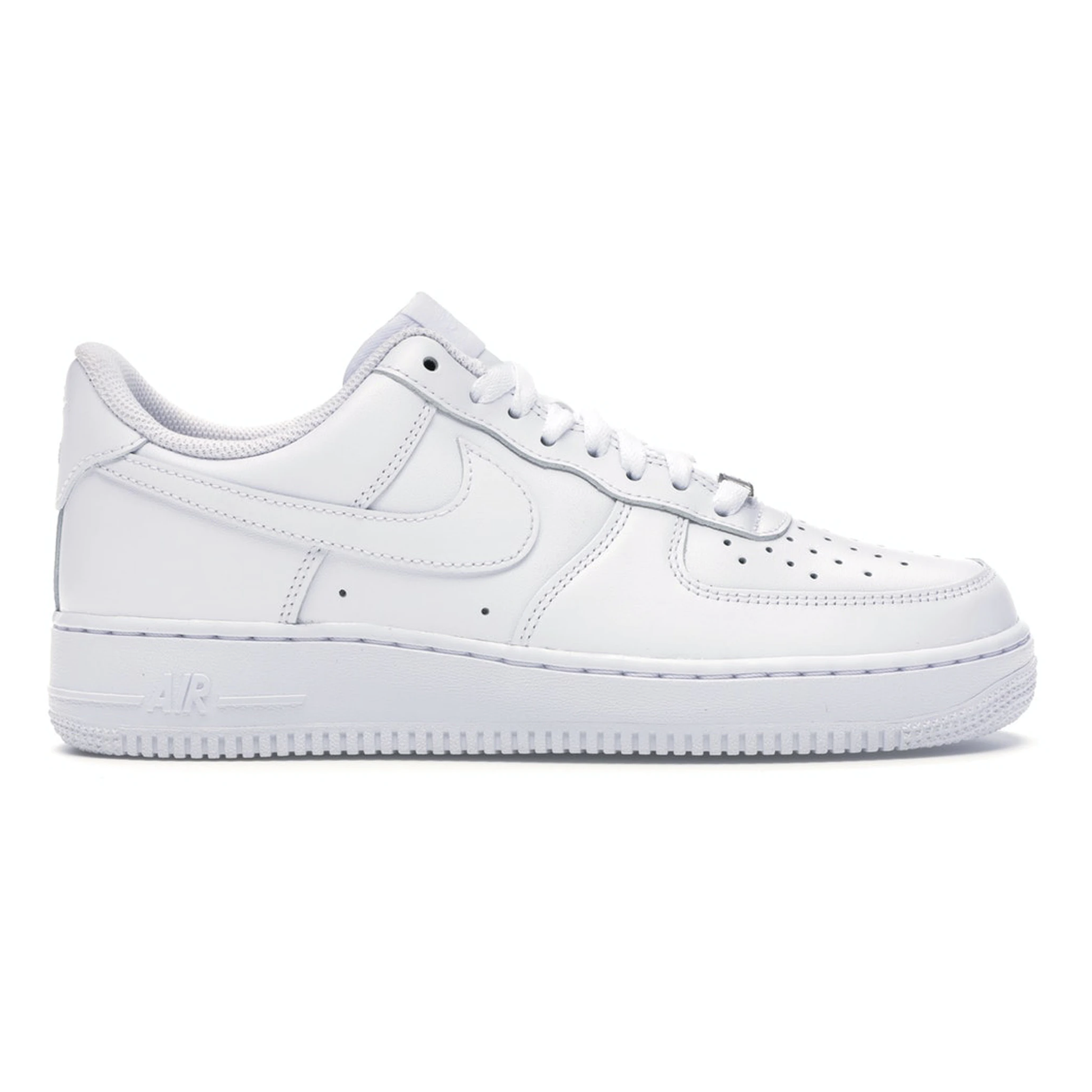 A close-up image of the Nike Air Force 1 Low '07 in White, showcasing the iconic design and detailing of the classic sneaker