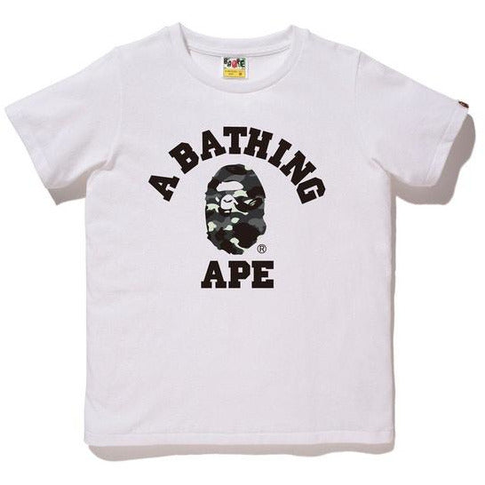 Alt text: Bape City Camo College Tee in White/Black color, featuring iconic Bape camo pattern and college logo, a stylish and versatile streetwear fashion piece