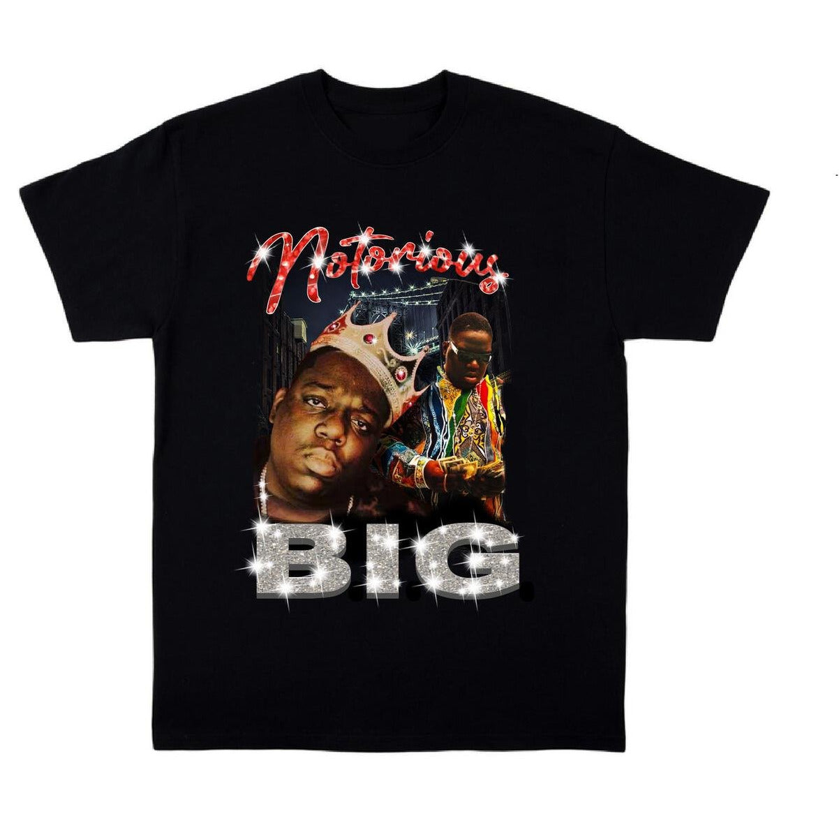 Large black t-shirt with 'Bogus Goods Biggie' text in white font