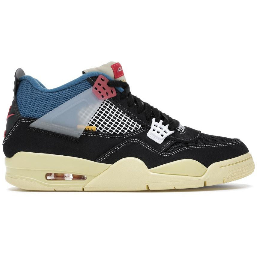 Close-up image of the Jordan 4 Retro Union - Off Noir sneaker, featuring black and grey colorway with Union branding on the tongue and a vintage aesthetic