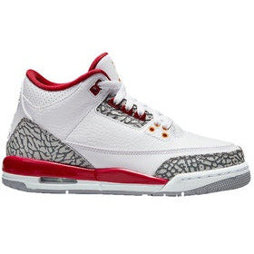 Close-up image of the iconic Jordan 3 Retro Cardinal (PS) sneakers, featuring red and white colorway, premium leather, and signature Air cushioning technology