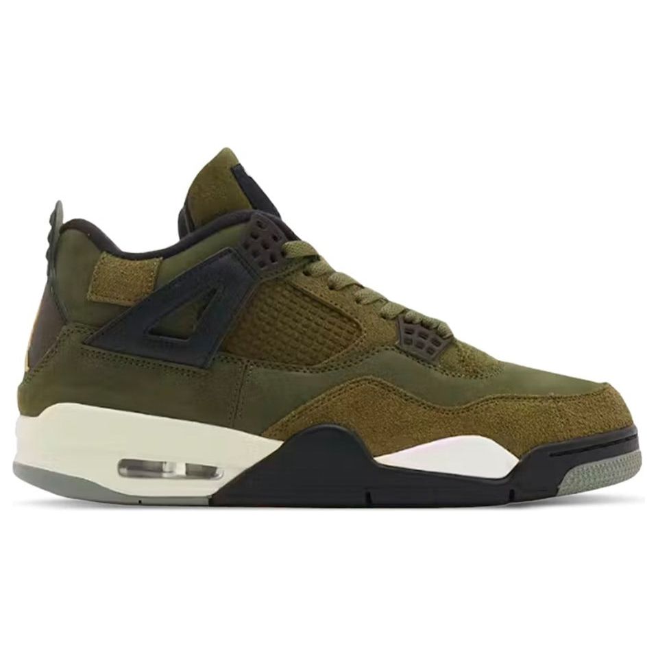 A high-quality image of the Jordan 4 Retro SE - Craft Medium Olive (GS) (FB9928-200) sneakers, showcasing the stylish design and colorway for young athletes and sneaker enthusiasts