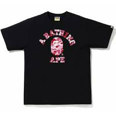 Black and pink BAPE ABC Camo College Tee from the SS21 collection featuring iconic camouflage print