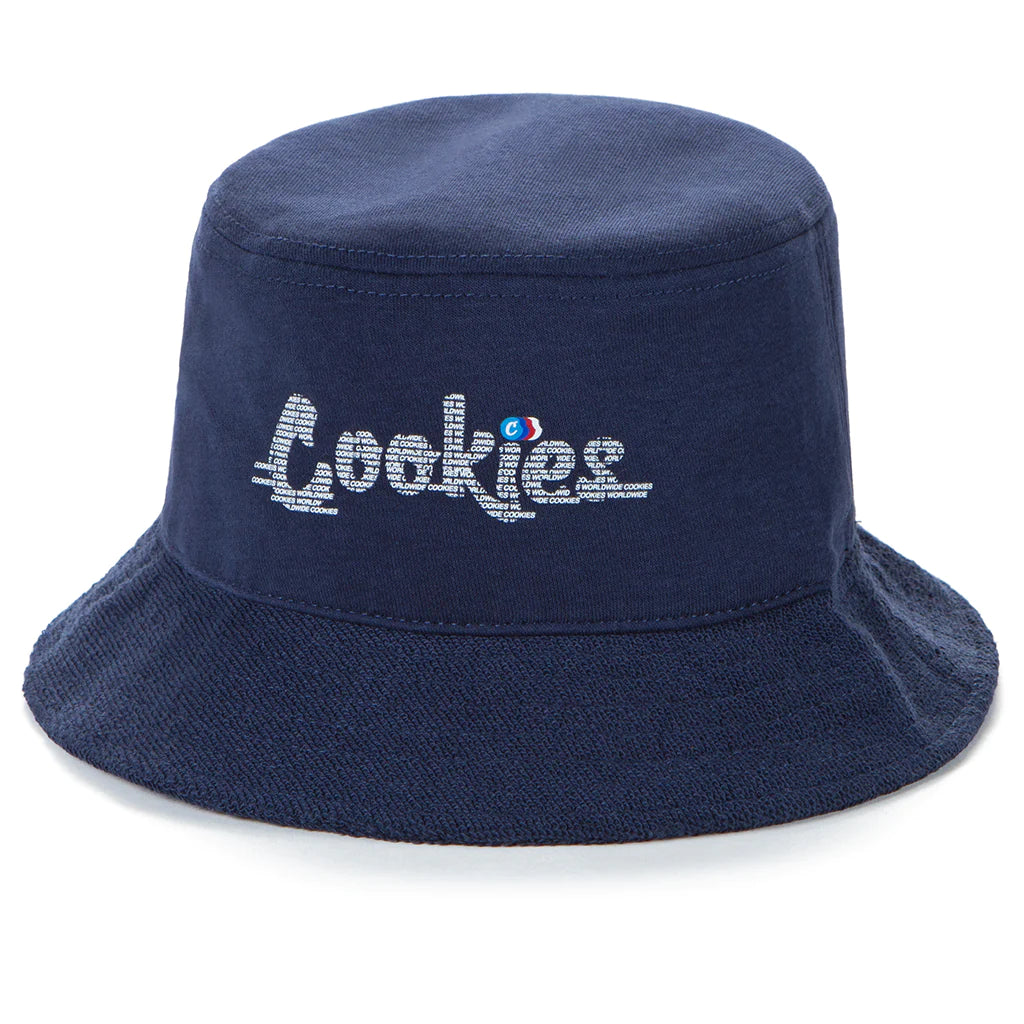 Front view of Cookies Back To Back French Terry Navy Bucket Hat, a stylish and versatile accessory for casual and outdoor wear