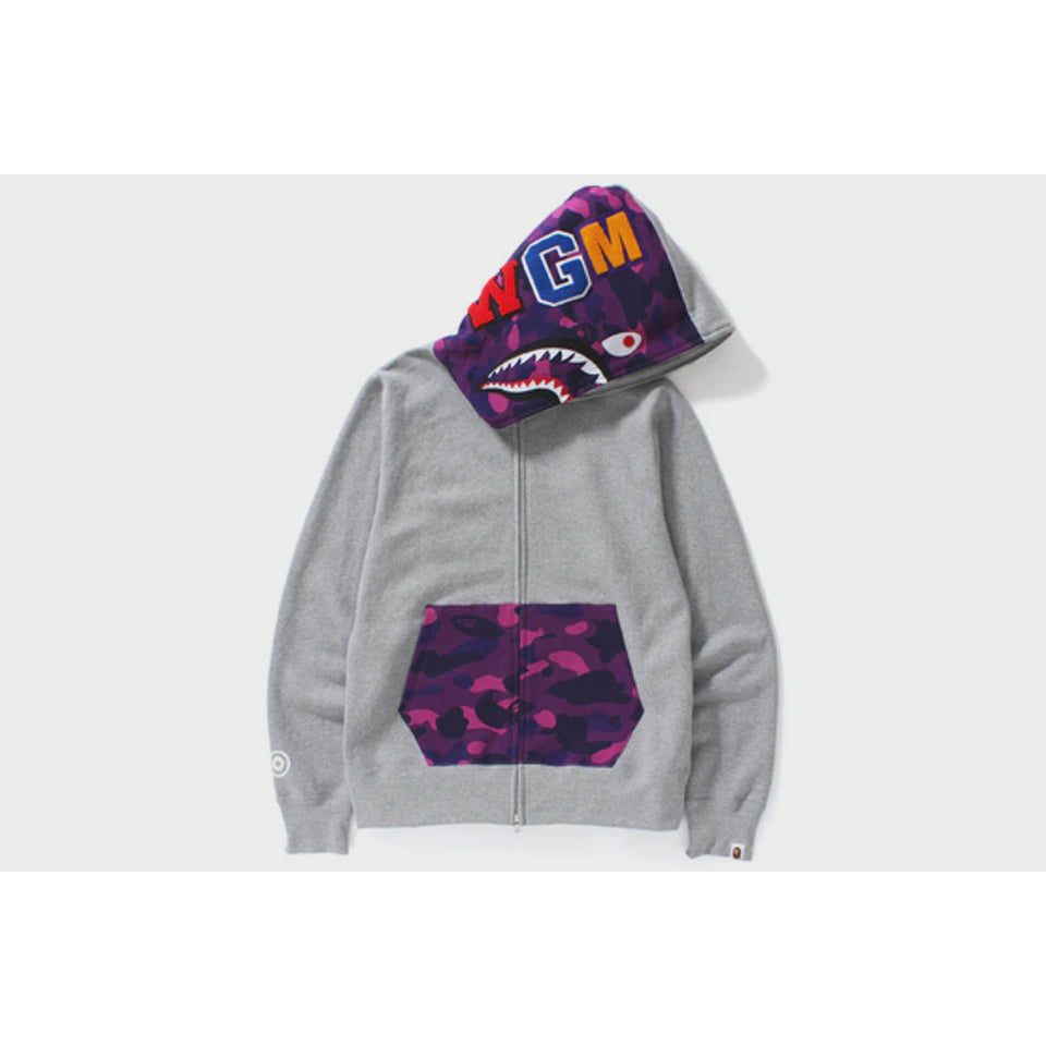 BAPE Purple Color Camo Shark Full Zip Hoodie - Grey, a stylish and comfortable zip-up hoodie with unique purple camouflage design