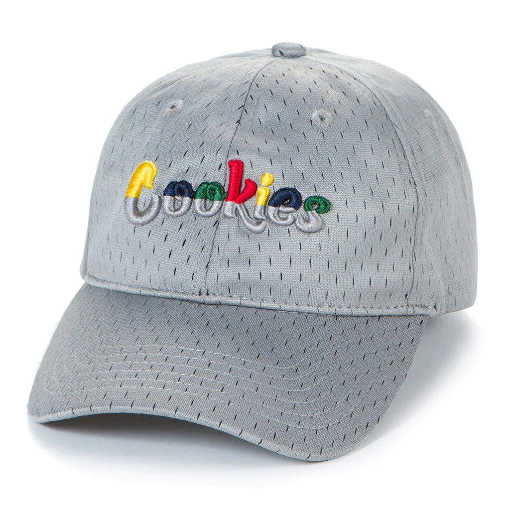 Close up of Cookies Catamaran Mesh Grey Dad Hat with adjustable strap and embroidered logo 