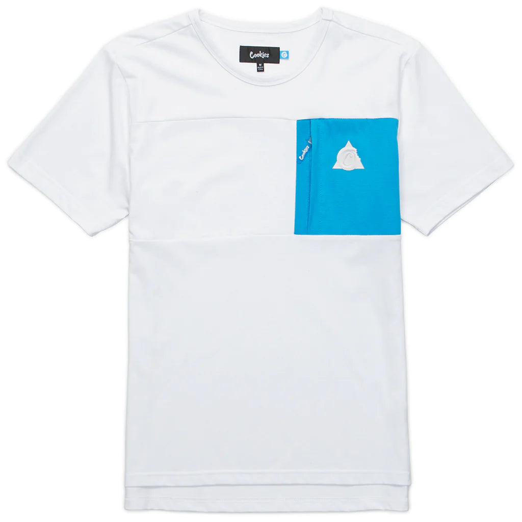 Close-up of the Cookies Contraband Cotton Jersey S/S White Knit t-shirt, featuring a bold graphic print and comfortable cotton fabric