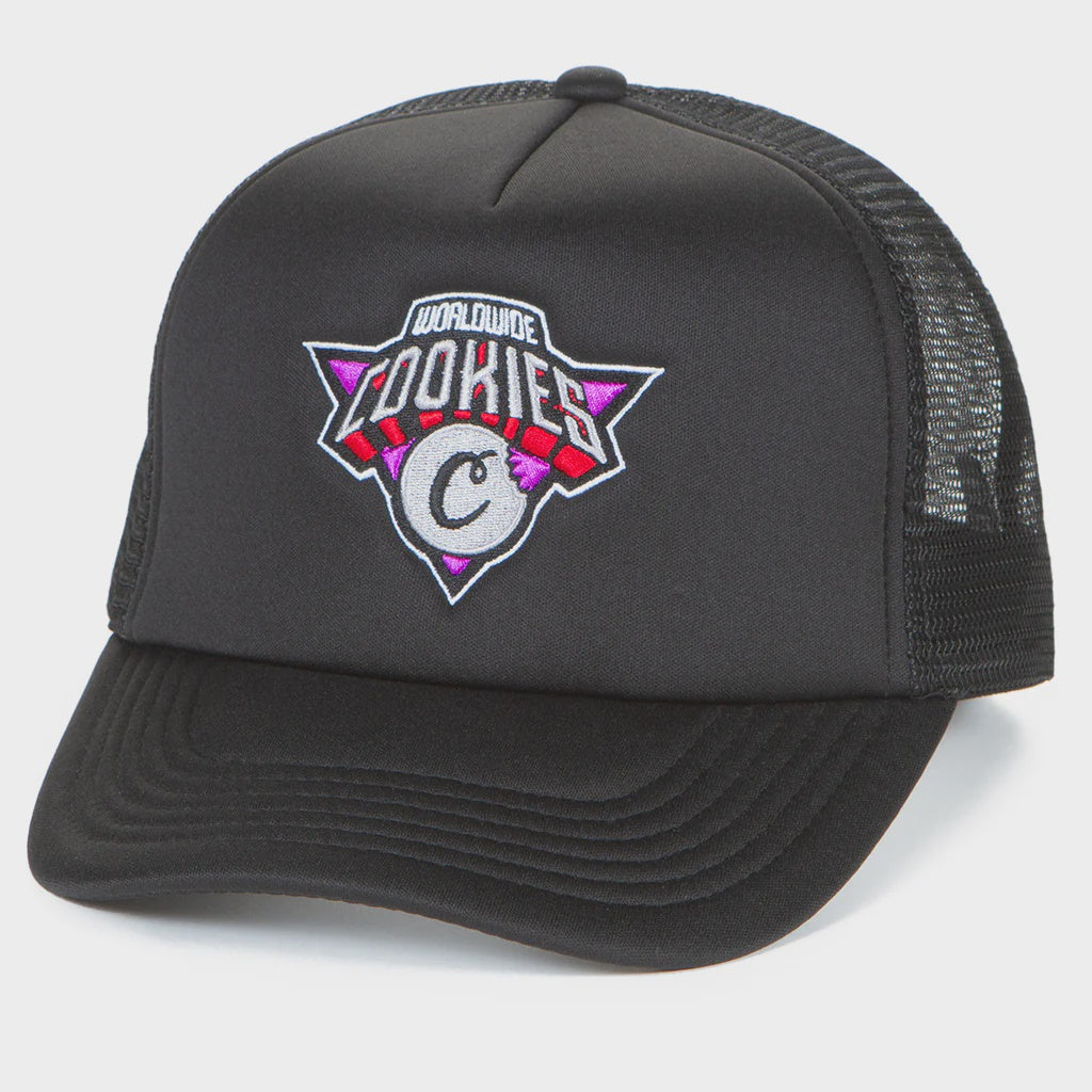 Black trucker hat with 'Cookies' brand logo embroidery and full clip closure