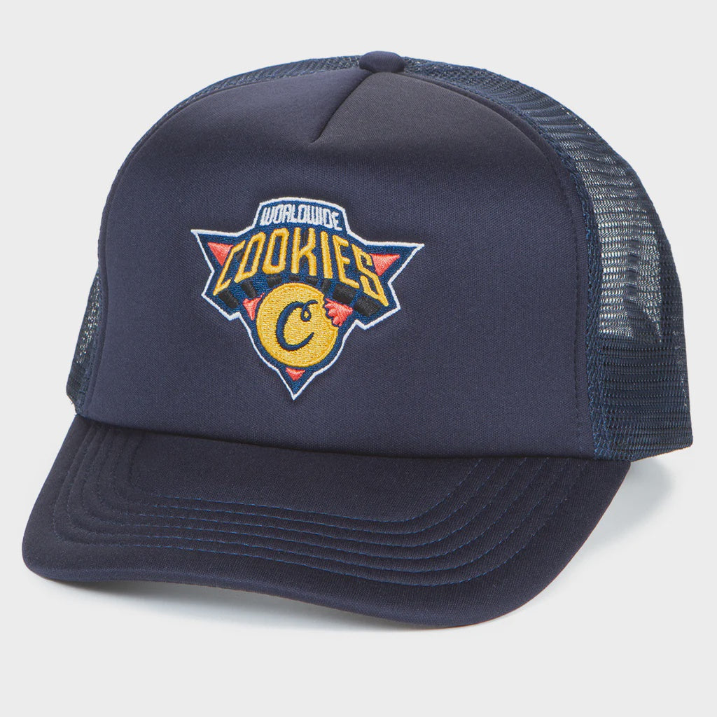 Dark blue trucker hat featuring Cookies Full Clip logo, perfect for casual and streetwear style