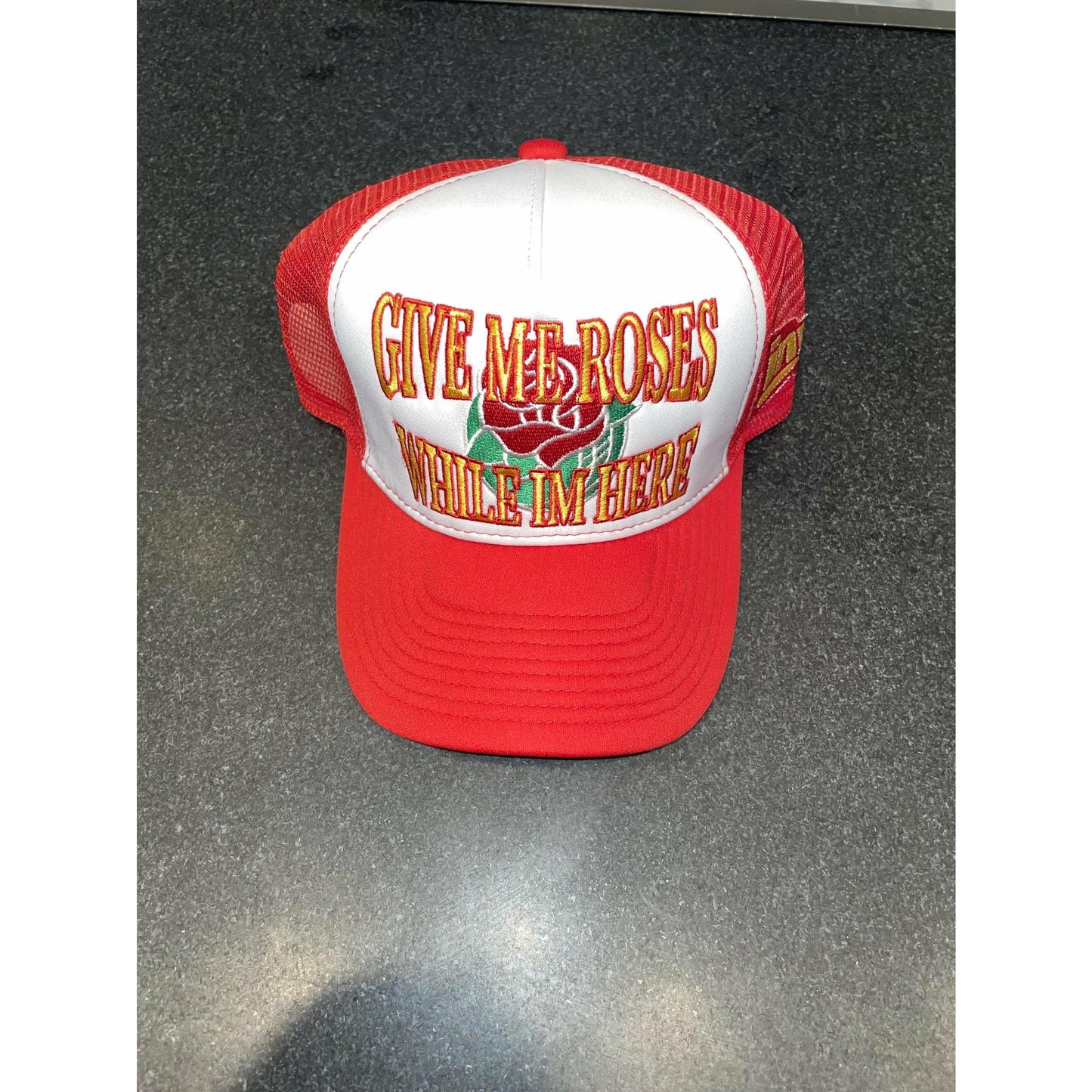 Give Me Roses While Im Here Trucker Hat - Red