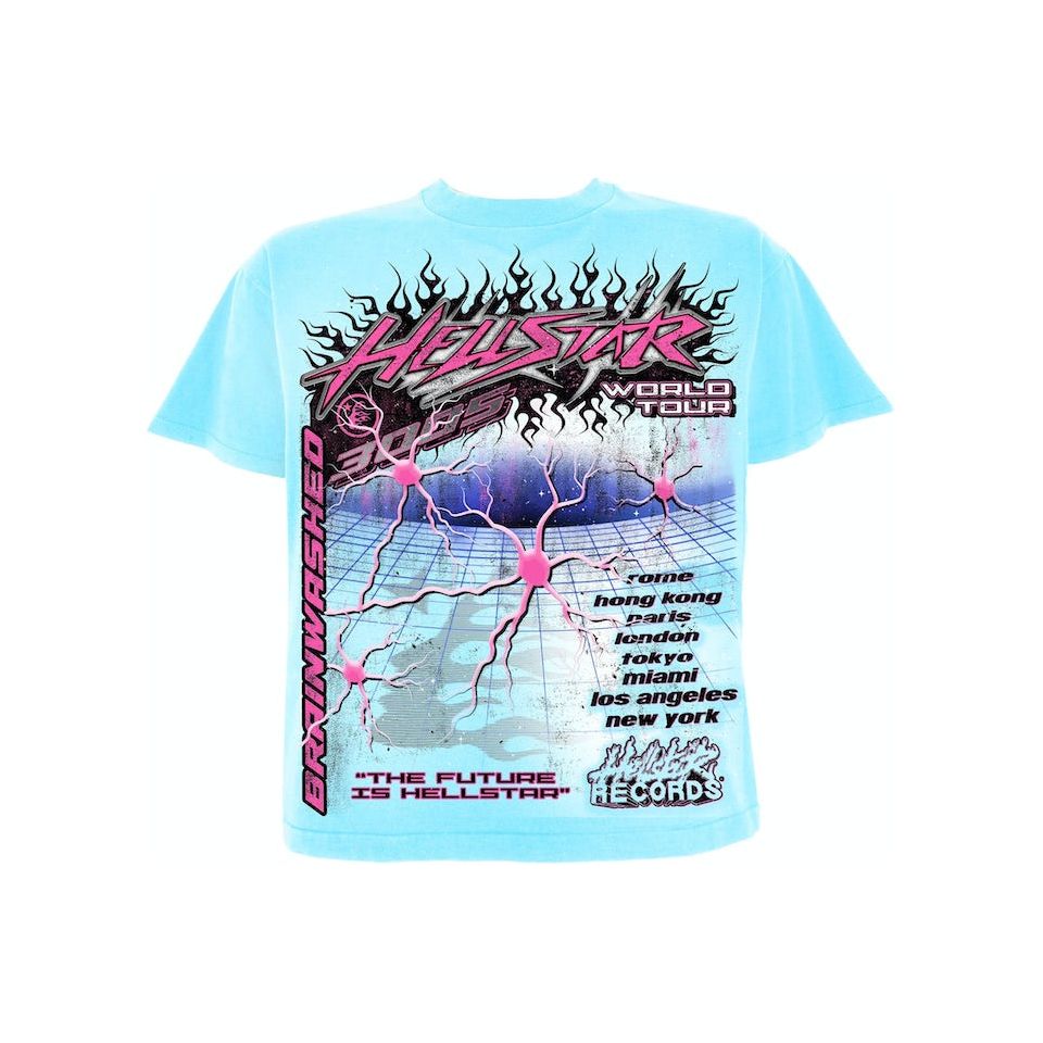 Light blue HELLSTAR Neuron Tour Tee featuring futuristic neuron design