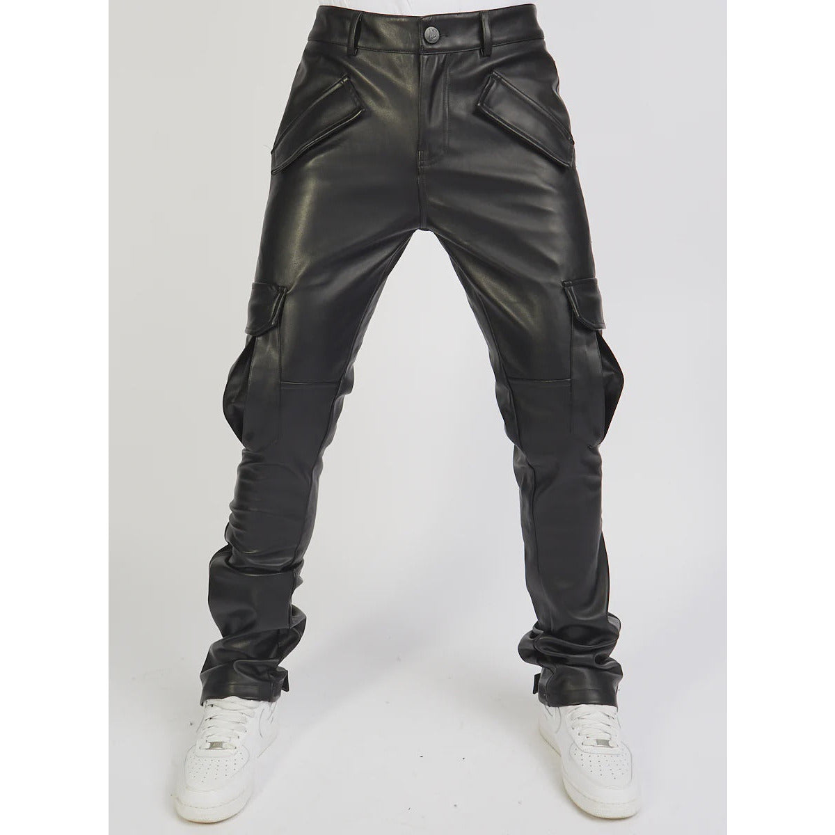 Front view of Politics Jeans Black PU Stacked Cargo Flare (Harris551) on a model