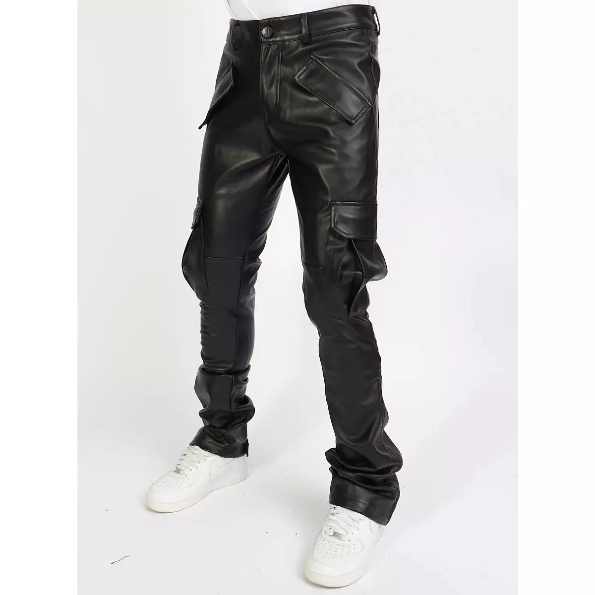 Front view of Politics Jeans Black PU Stacked Cargo Flare (Harris551) with multiple pockets and flare style