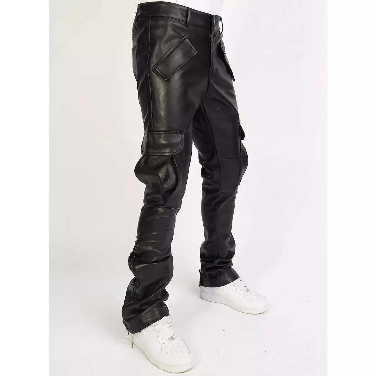 Black PU stacked cargo flare Politics Jeans with Harris551 branding