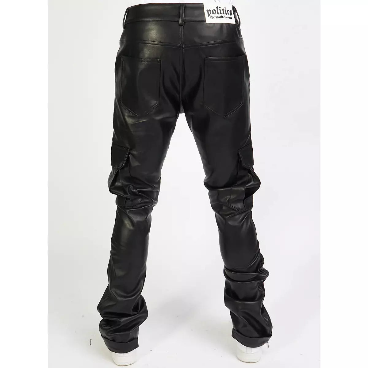  Close-up of the pocket details on Politics Jeans Black PU Stacked Cargo Flare (Harris551)