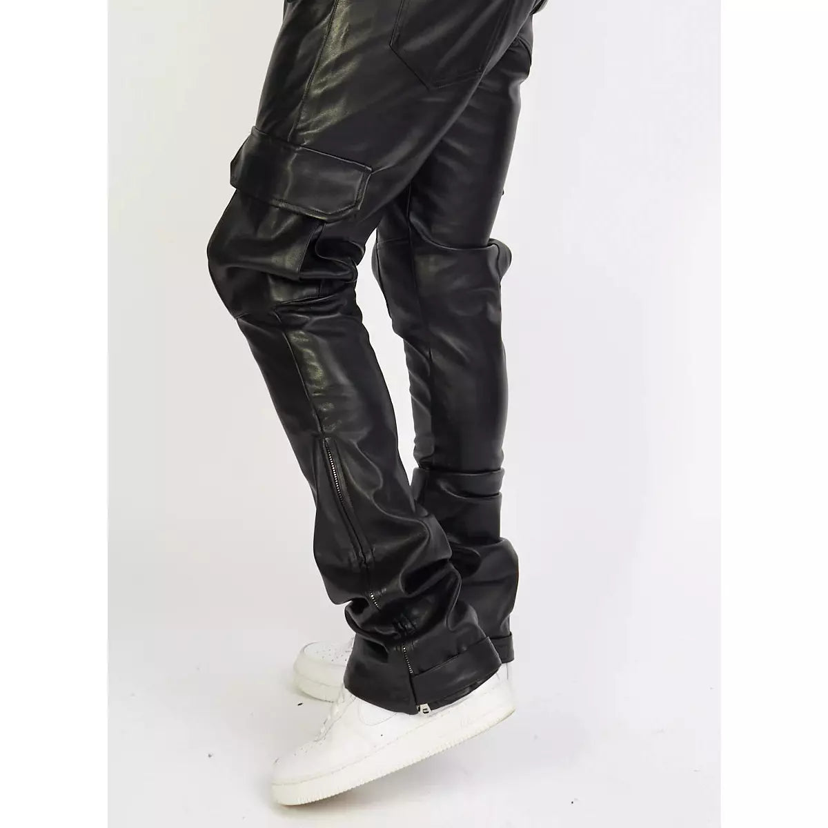 Close-up image of Politics Jeans Black PU Stacked Cargo Flare (Harris551) showcasing the unique cargo pockets and flared leg design for a trendy and stylish look