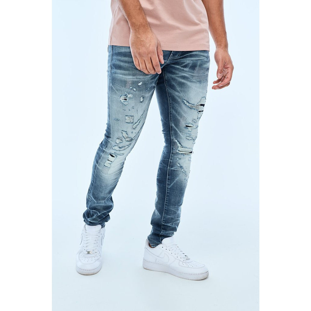 Stylish Jordan Craig Aged Wash Fused Shredded Denim Jeans (JM3373) for men with ripped and repaired design