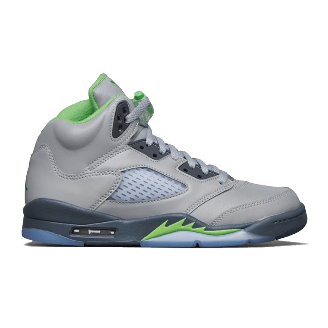 A high-quality image featuring the stylish and trendy Jordan 5 Retro -Green Bean (2022) (GS) kids' sneakers in a vibrant green colorway