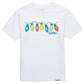 Close up of Cookies Merry Lit-Mas White Tee with festive design and colorful print 
