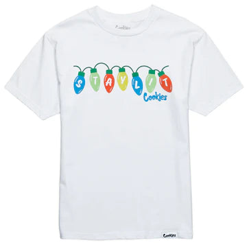 Close up of Cookies Merry Lit-Mas White Tee with festive design and colorful print 