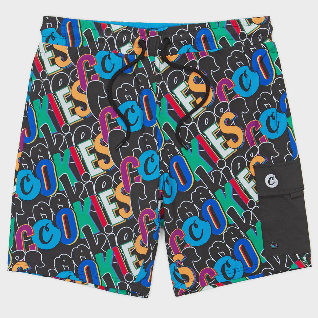 Black swim shorts with Cookies On The Block logo, perfect for beach days and pool parties