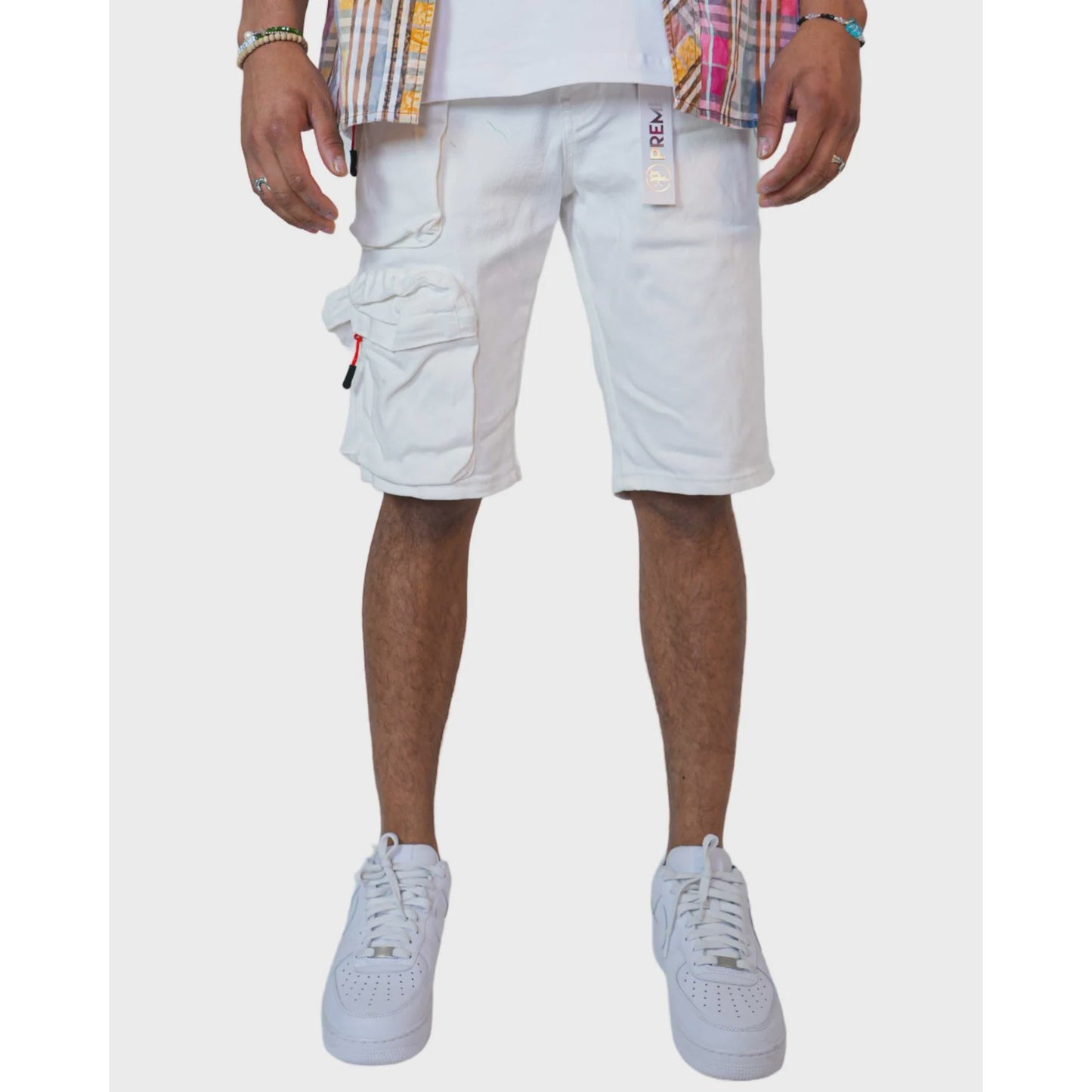 Pure White Preme Nomad Stacked Cargo Denim Shorts featuring a stylish, stacked design