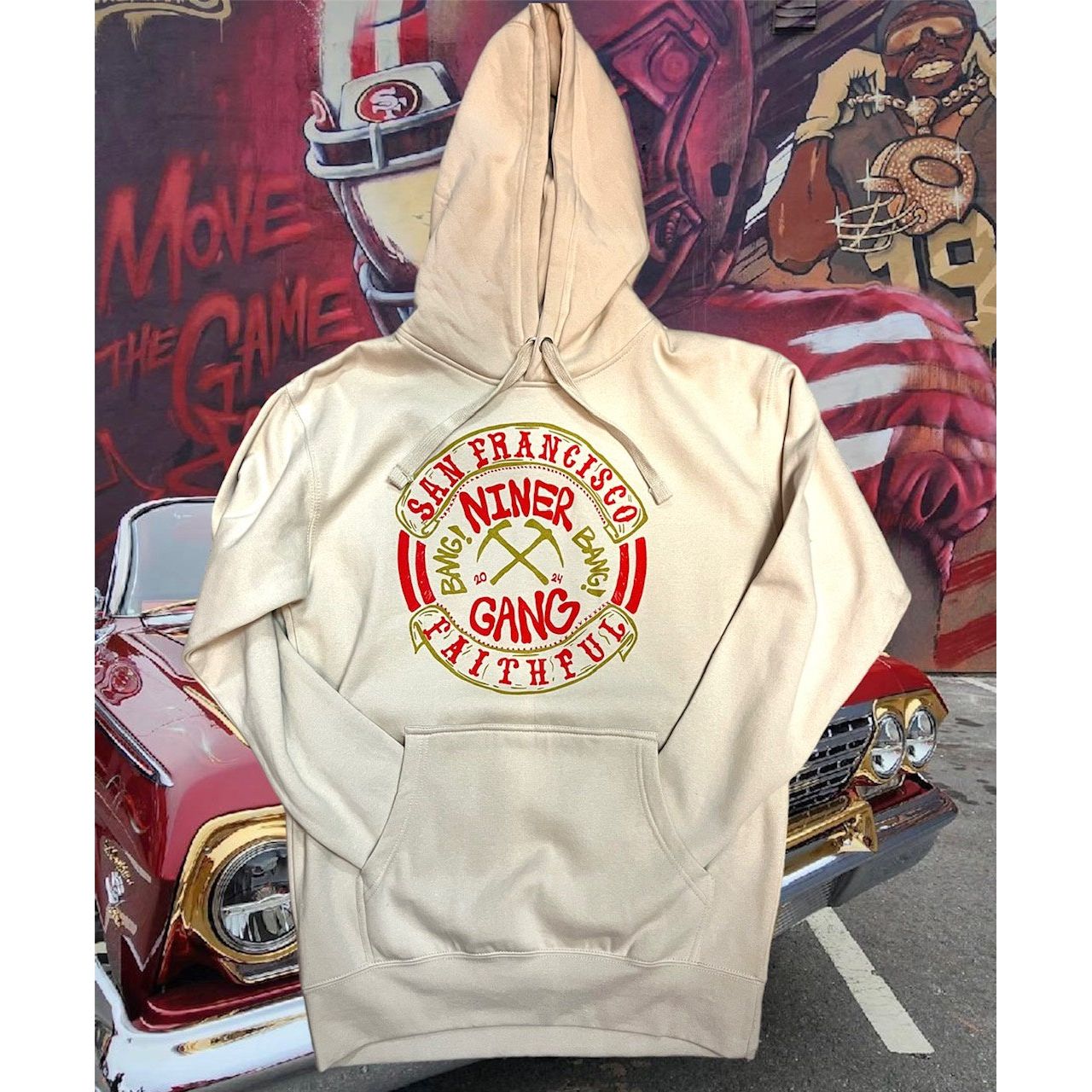 SF Faithful Niner Gang 2024 Bone Hoodie featuring team logo and slogan on the front, perfect for die-hard 49ers fans 