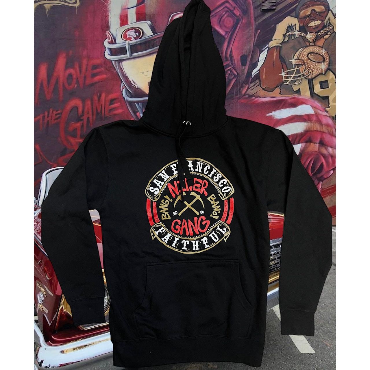 SF Faithful Niner Gang 2024 Black Hoodie featuring iconic team logo and comfortable fit for fans of the San Francisco 49ers football team