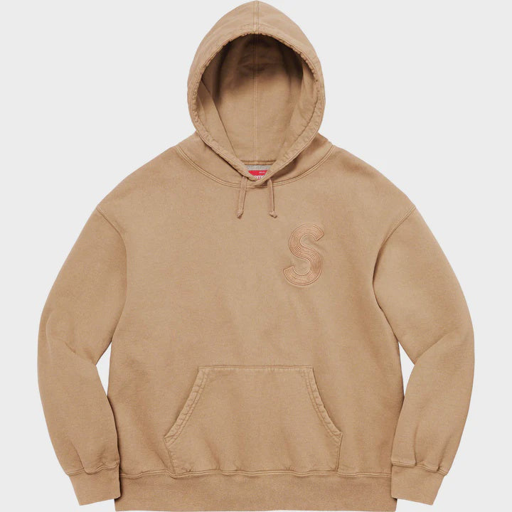 Supreme Overdyed S Logo Hooded Sweatshirt in Tan color, part of the SS23 collection, with a detailed image featuring the iconic S logo on the front