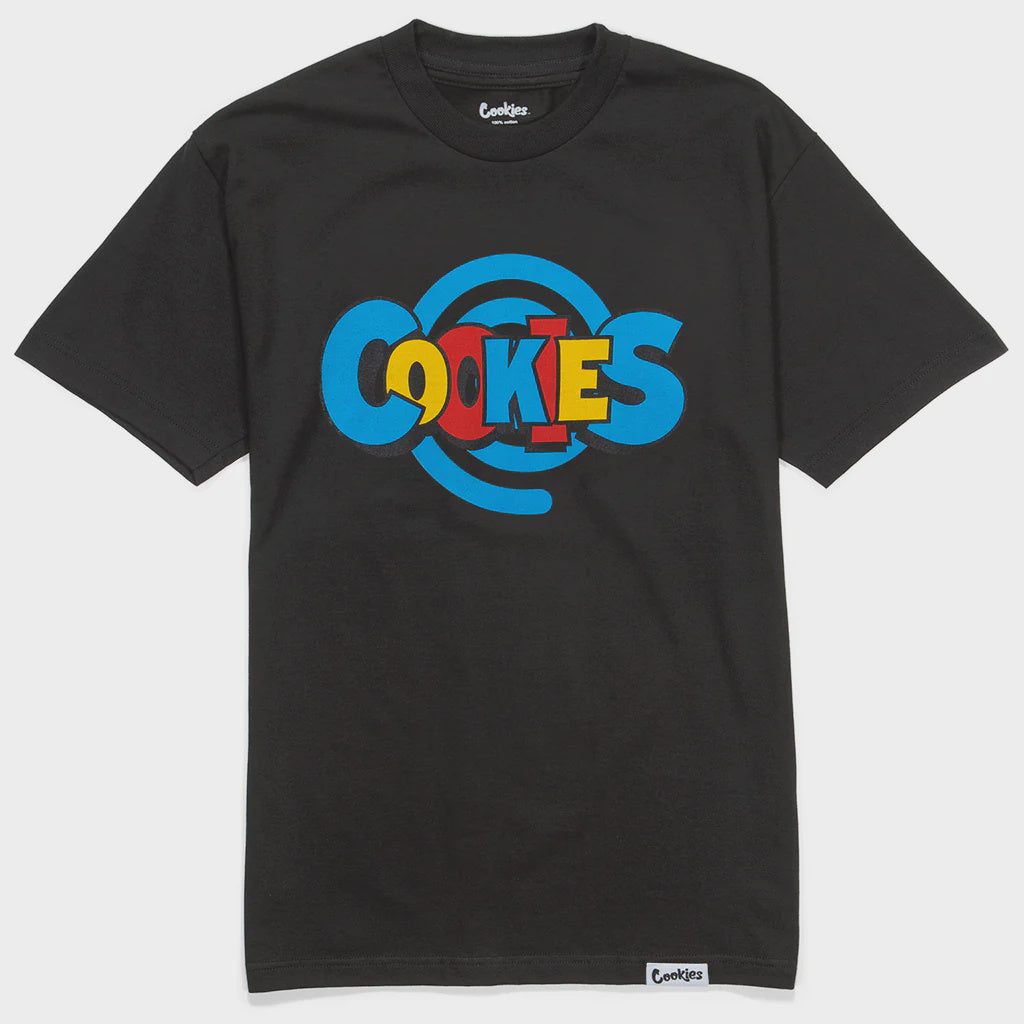 Stylish black short sleeve tee with 'Cookies Saturday Morning' graphic design