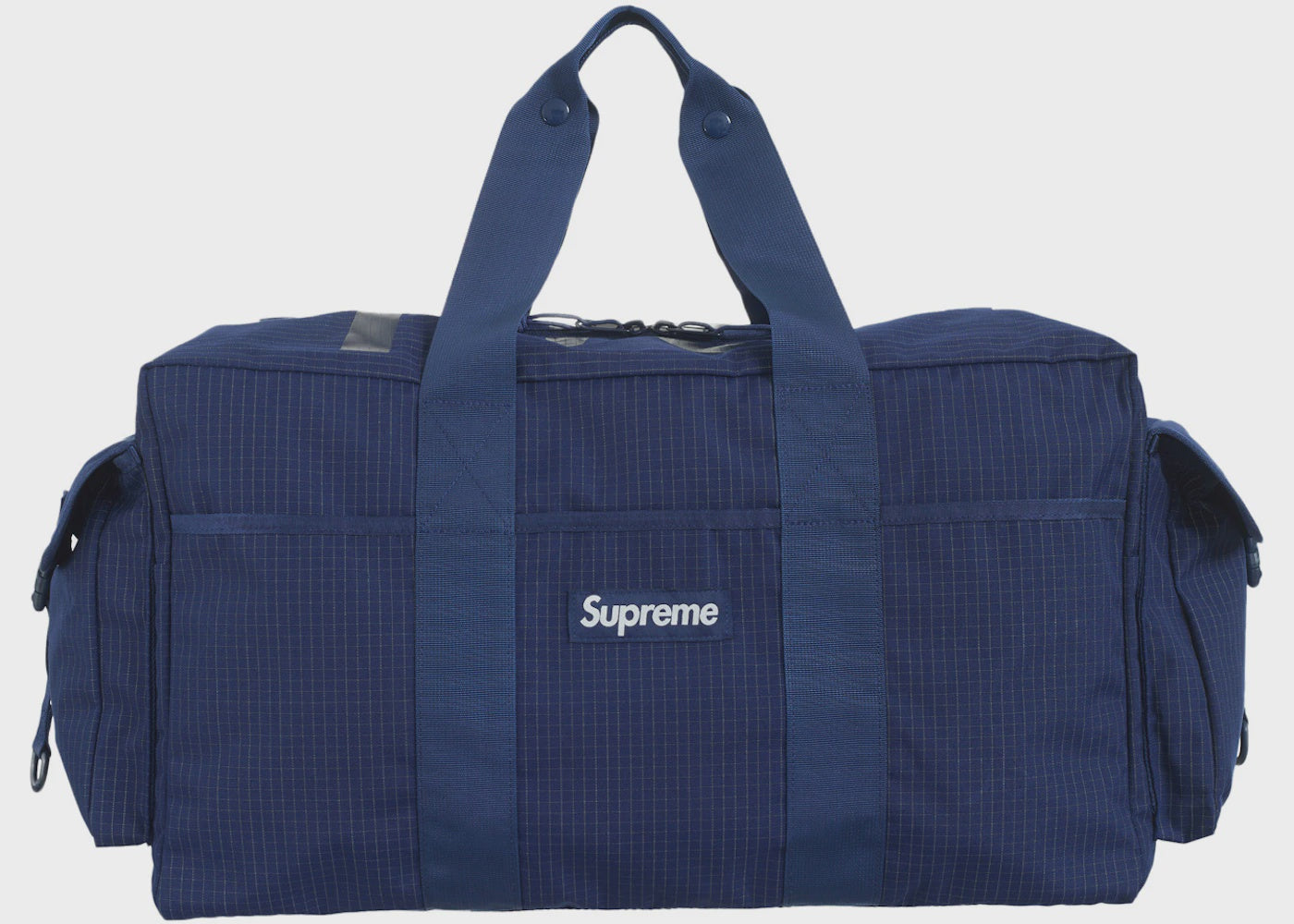 Large capacity Supreme duffle bag in navy, perfect for travel and gym use